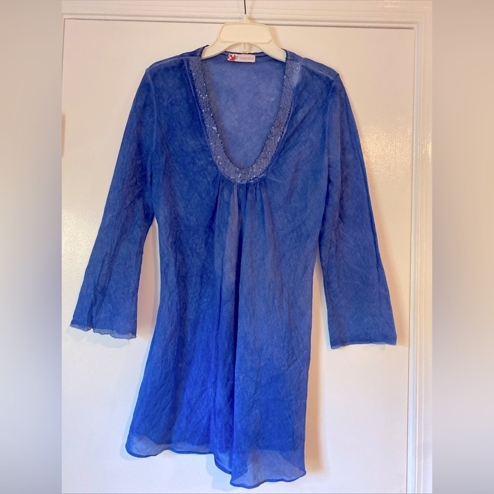 Kosmika blue cotton/silk tunic with sequin neckline size M